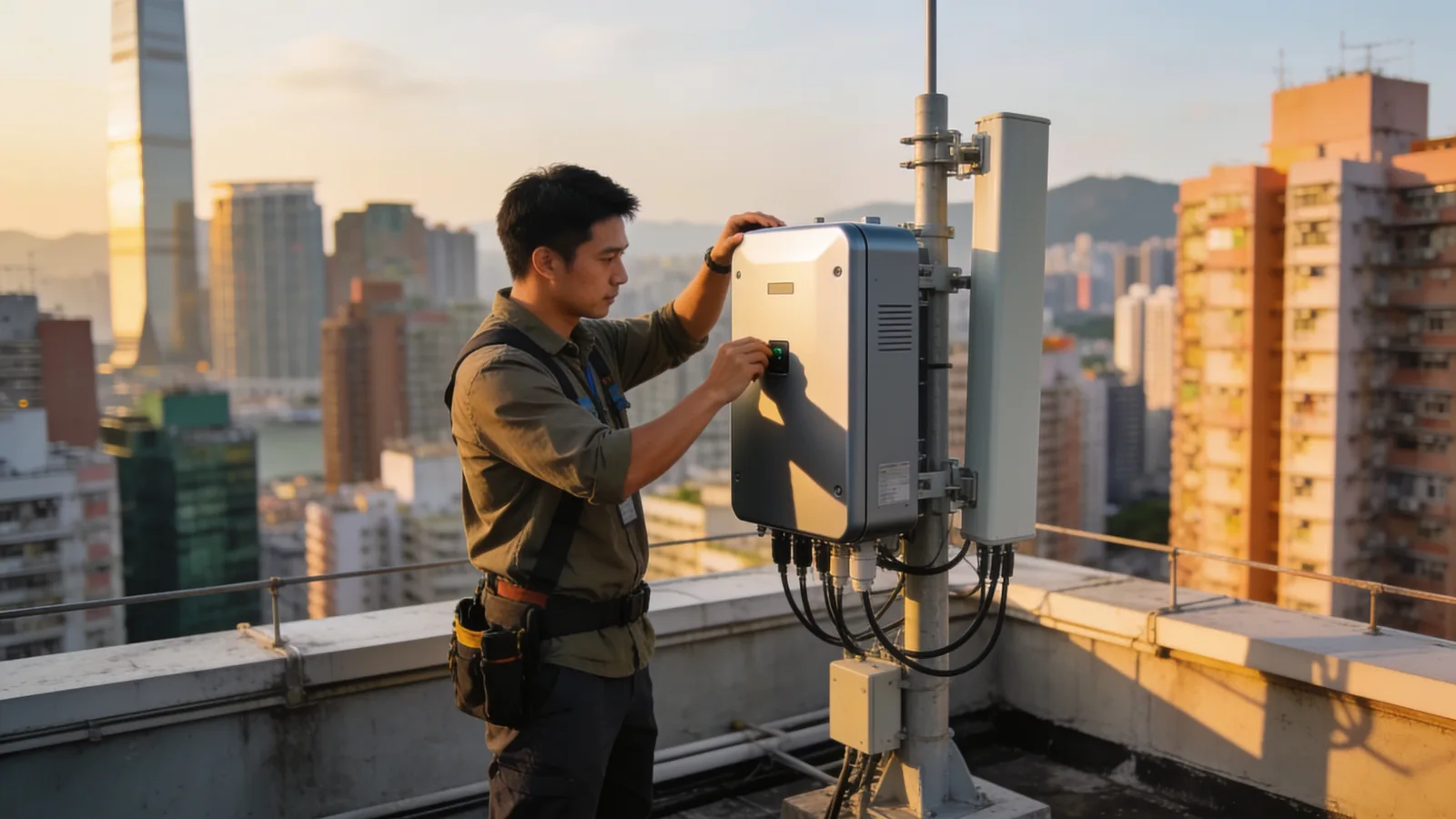 工程人員在香港大廈天台檢修流動網絡基站設備，背景是黃昏時分密集的樓宇天際線。