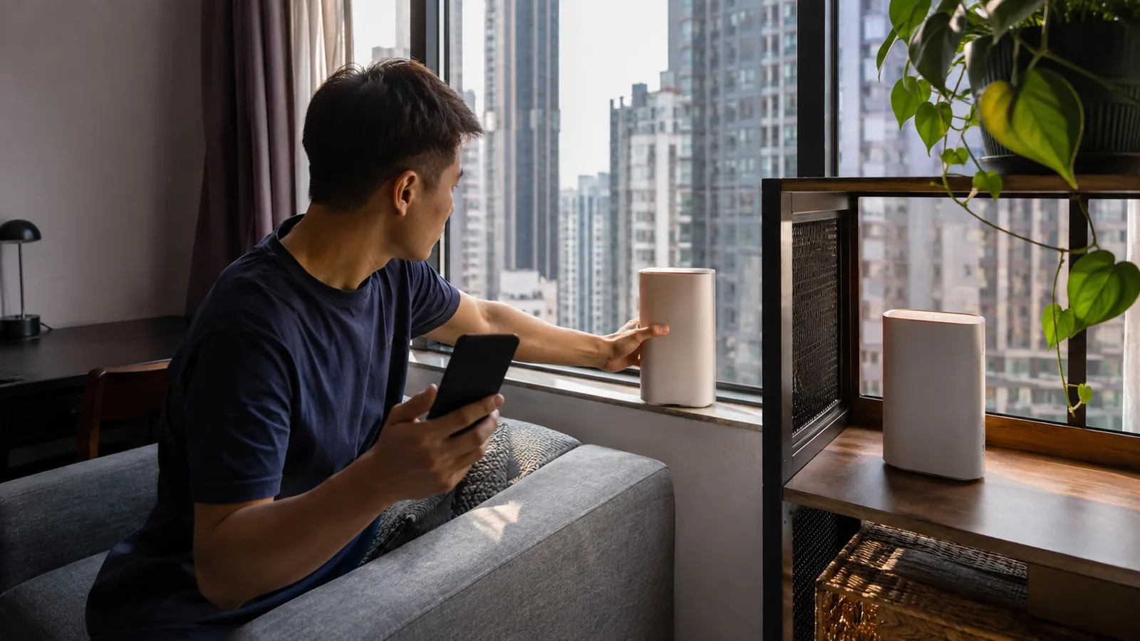 香港住宅內，住戶在窗邊測試兩個不同擺位的無品牌5G家居寬頻Router。