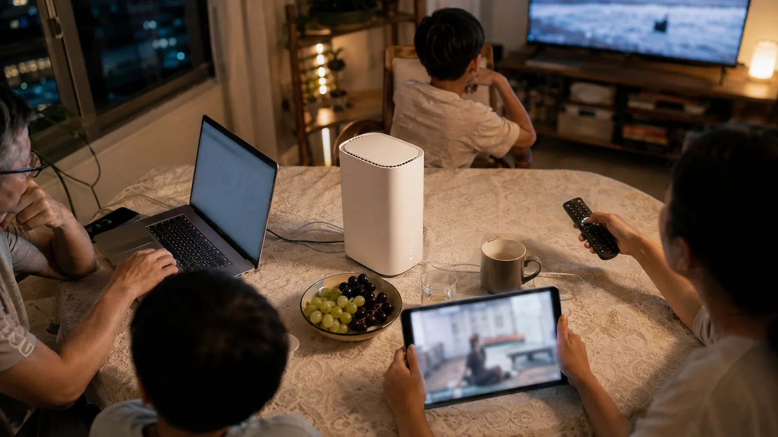 香港家庭晚間同時使用手提電腦、平板與電視，共用餐桌上的無品牌5G Router。