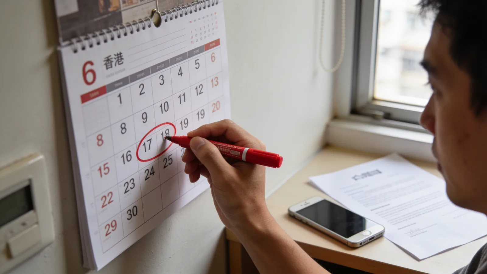 香港客廳中，一人用紅筆在月曆上圈出合約到期日，桌上放有手機和文件。