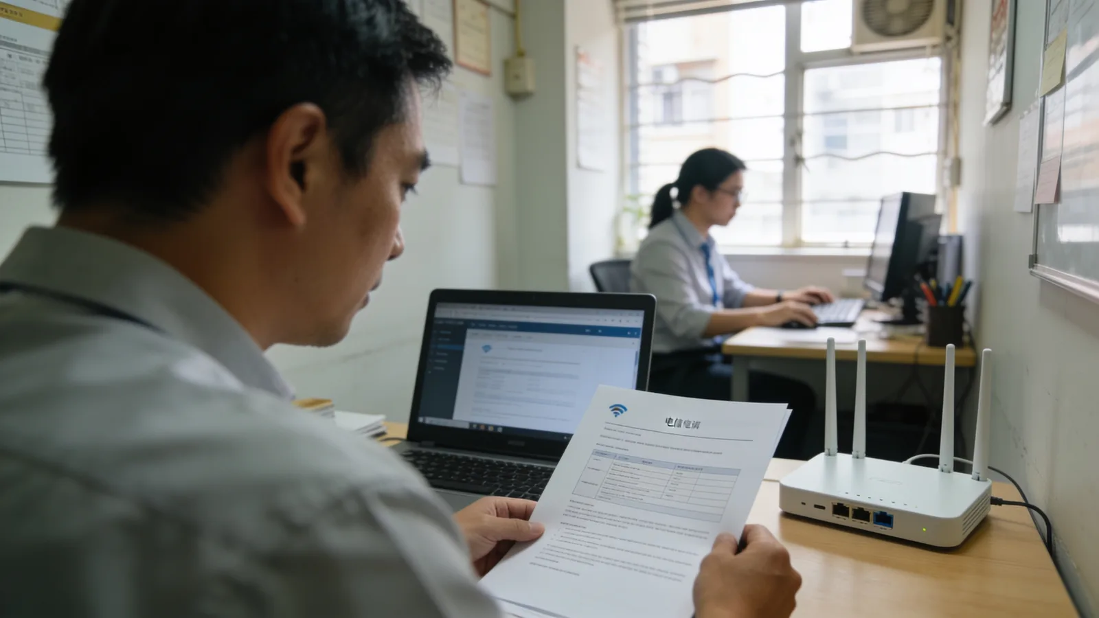 香港小型辦公室內，東主在桌前審閱電訊合約文件，背景有員工工作，日光從窗戶照入。