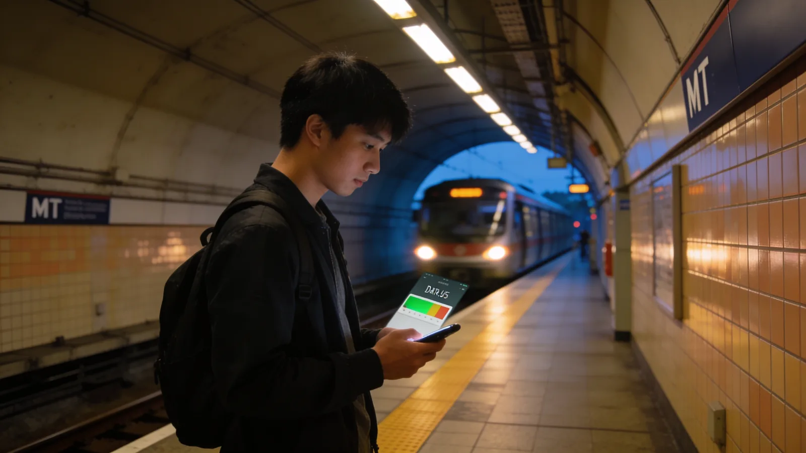 港鐵月台上，一名年輕通勤者低頭查看手機數據用量，列車在背景駛近。