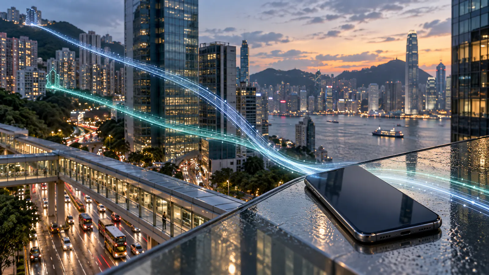 香港城市黃昏景觀中，兩條中性網絡訊號路徑由不同方向匯聚至智能手機。