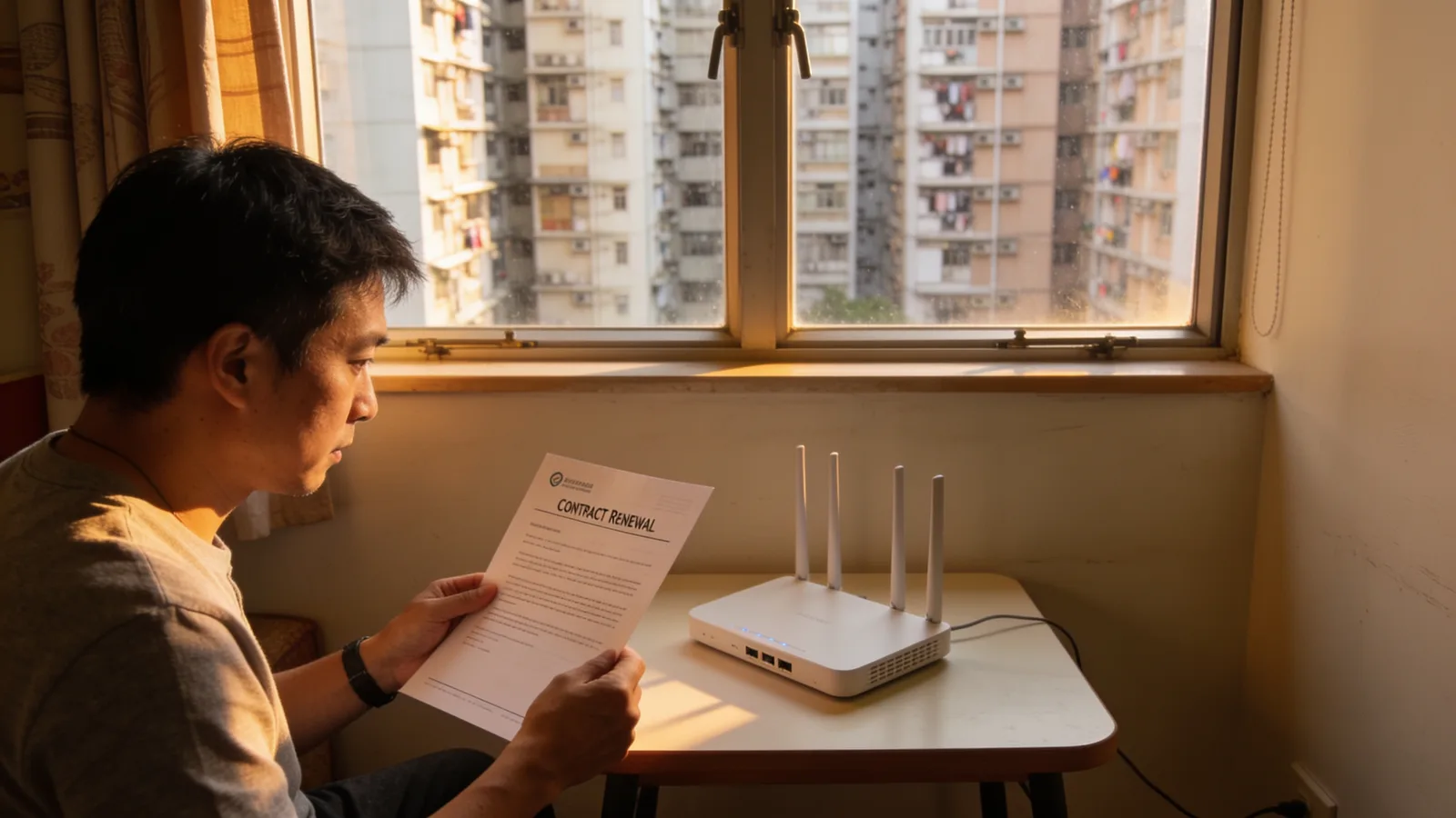 香港公屋客廳，住戶喺窗邊細檯前睇續約信，旁邊放路由器，午後暖光。