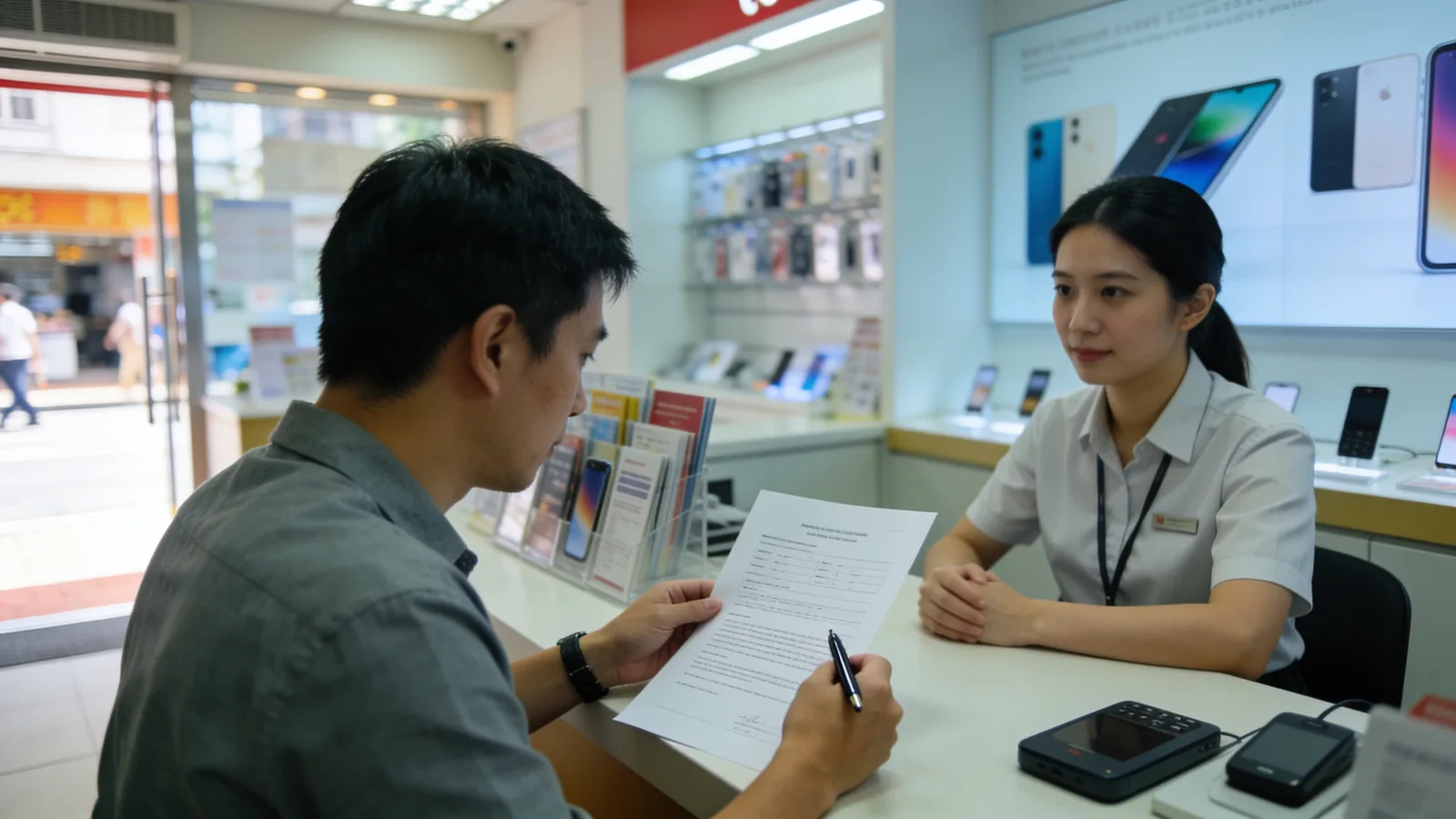 顧客在電訊服務櫃檯前細閱合約文件，店員在旁等候。